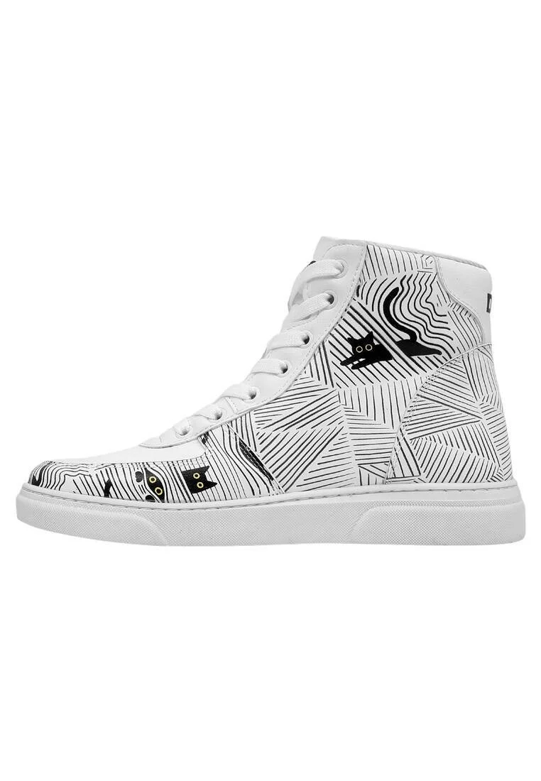 Femme Cuir Vegan Blanc Baskets Hautes - Black Cats Only Motif