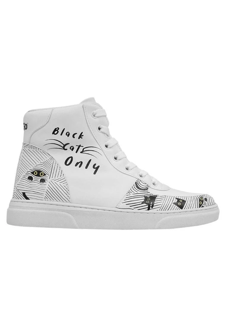 Femme Cuir Vegan Blanc Baskets Hautes - Black Cats Only Motif