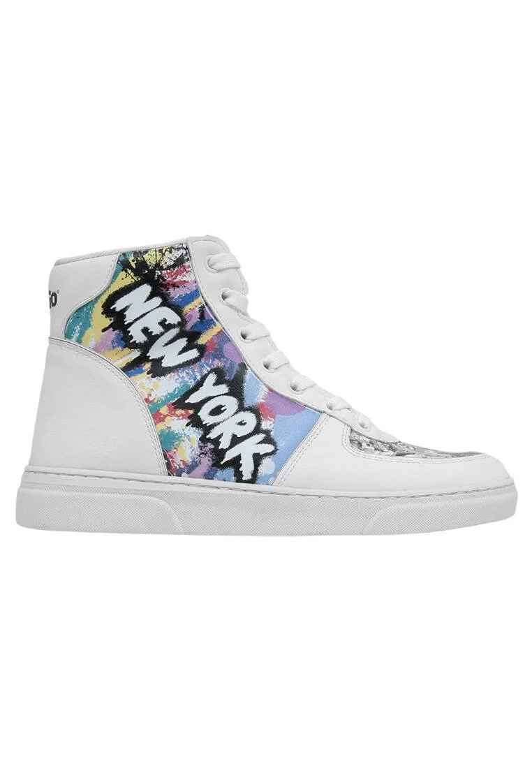 Femme Cuir Vegan Blanc Baskets Hautes - New York State of Mind Motif