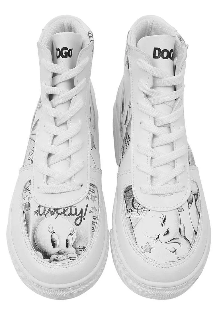 Femme Cuir Vegan Blanc Baskets Hautes - Warner Bros Tweety Sketch Motif