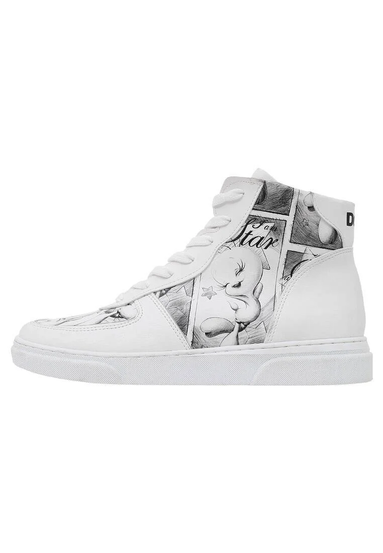 Femme Cuir Vegan Blanc Baskets Hautes - Warner Bros Tweety Sketch Motif