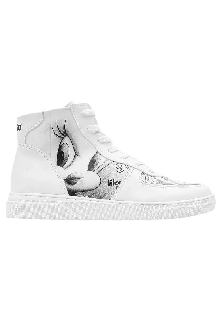 Femme Cuir Vegan Blanc Baskets Hautes - Warner Bros Tweety Sketch Motif