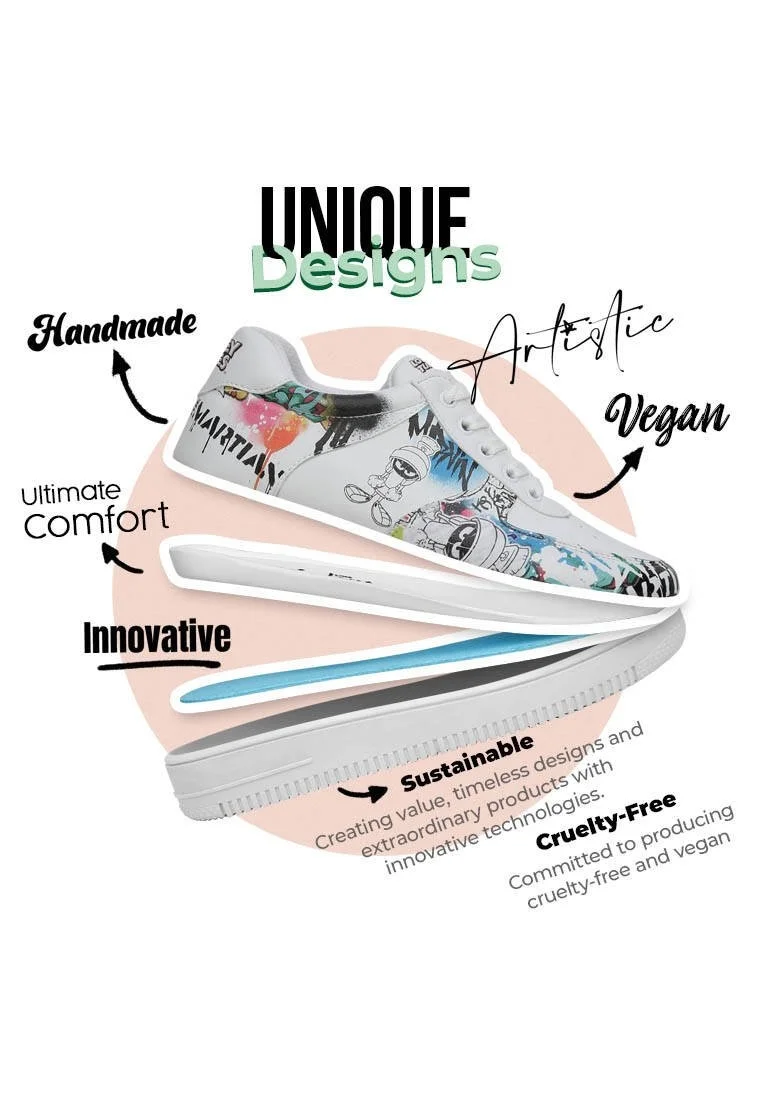 Femme Cuir Vegan Blanc Baskets - Warner Bros Marvin the Martian Stencil Motif