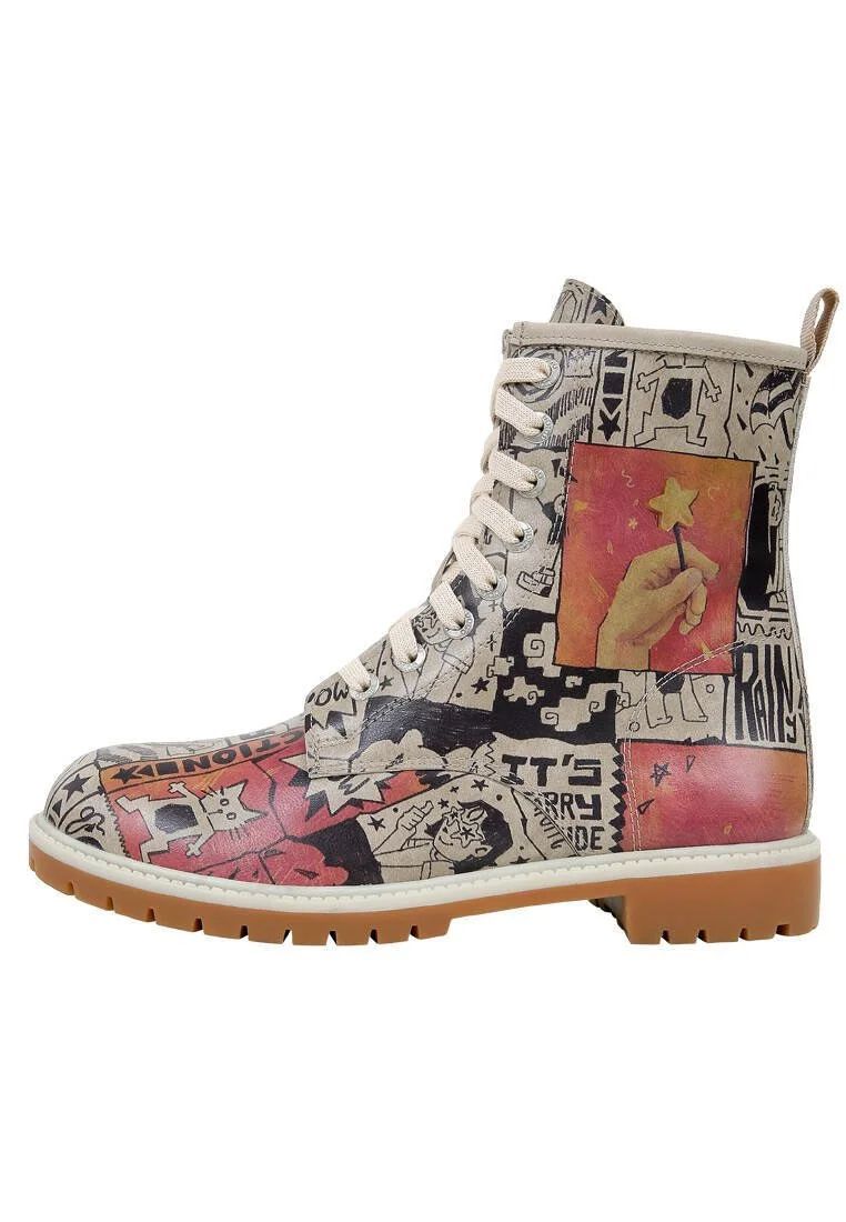 Femme Cuir Vegan Blanc Bottes Longues - Star Girl Motif