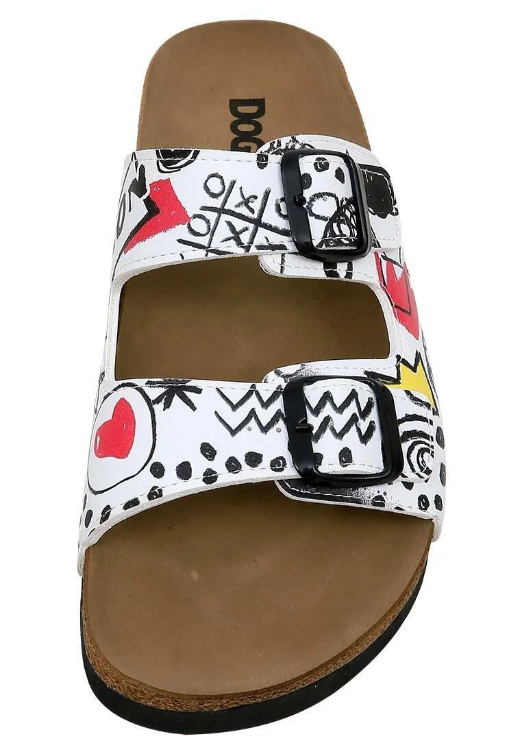 Femme Cuir Vegan Blanc Chaussons - Icon Motif