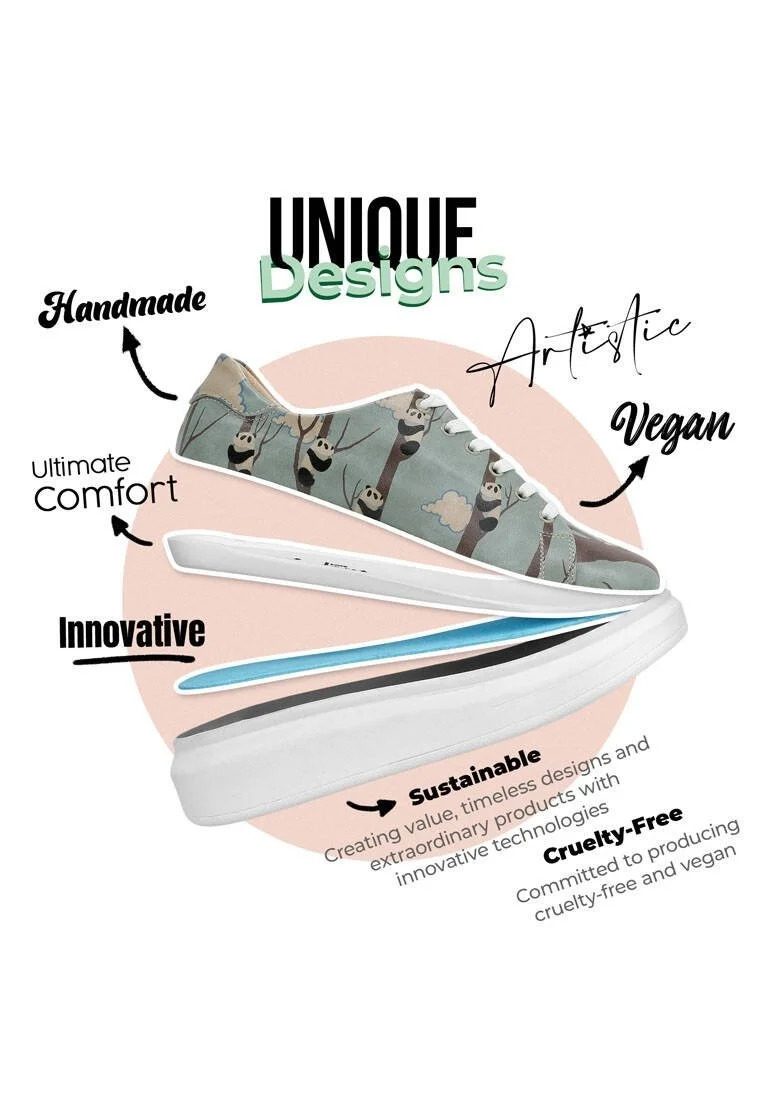 Femme Cuir Vegan Bleu Baskets - Panda Hug Motif