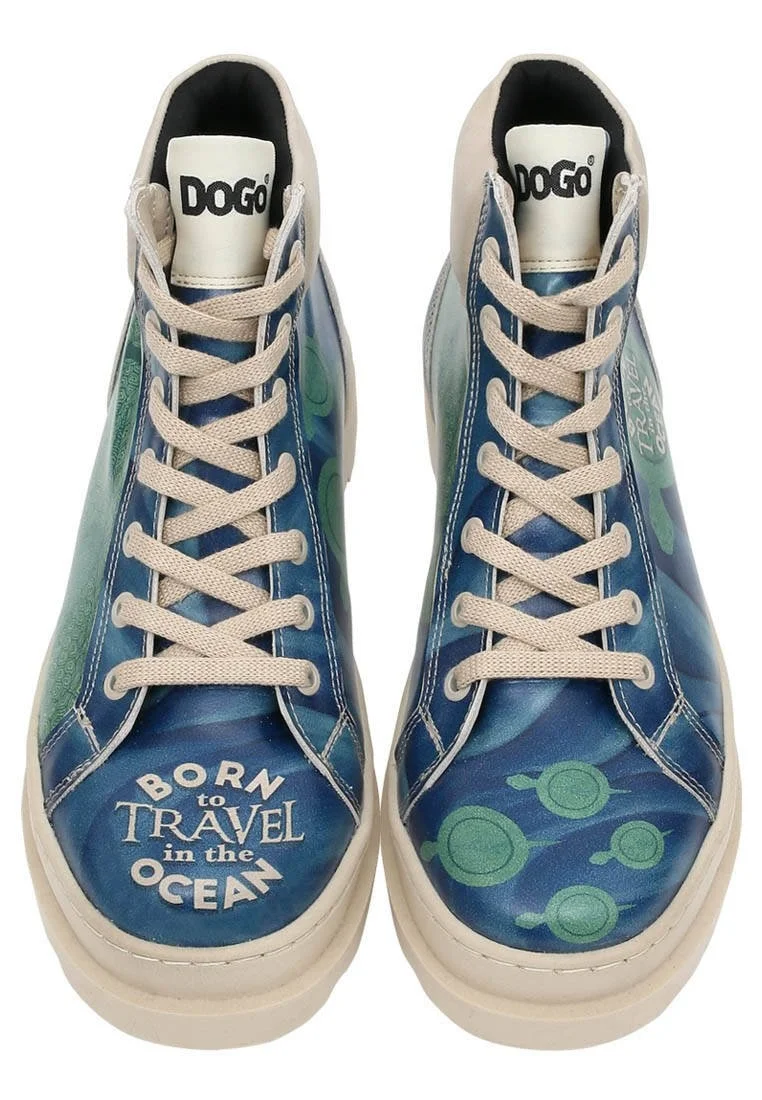Femme Cuir Vegan Bleu Bottes - Born to Travel in the Ocean Motif