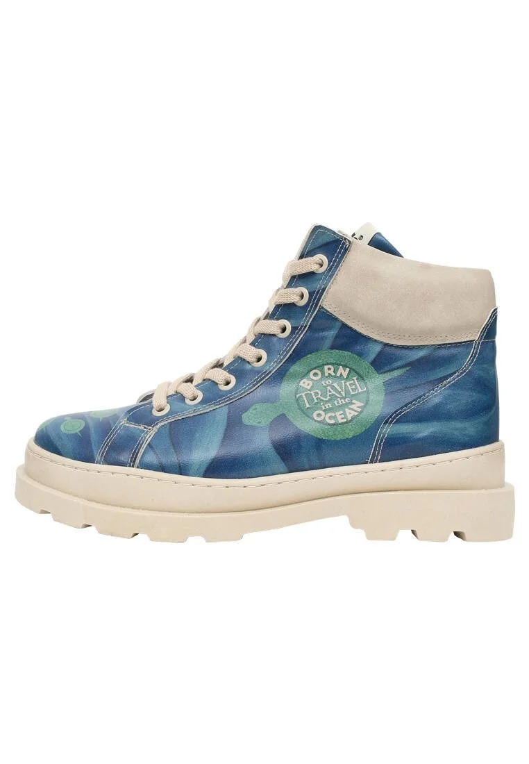 Femme Cuir Vegan Bleu Bottes - Born to Travel in the Ocean Motif