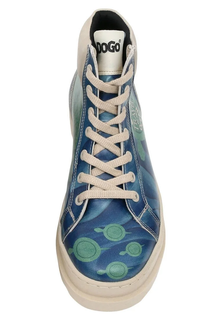 Femme Cuir Vegan Bleu Bottes - Born to Travel in the Ocean Motif