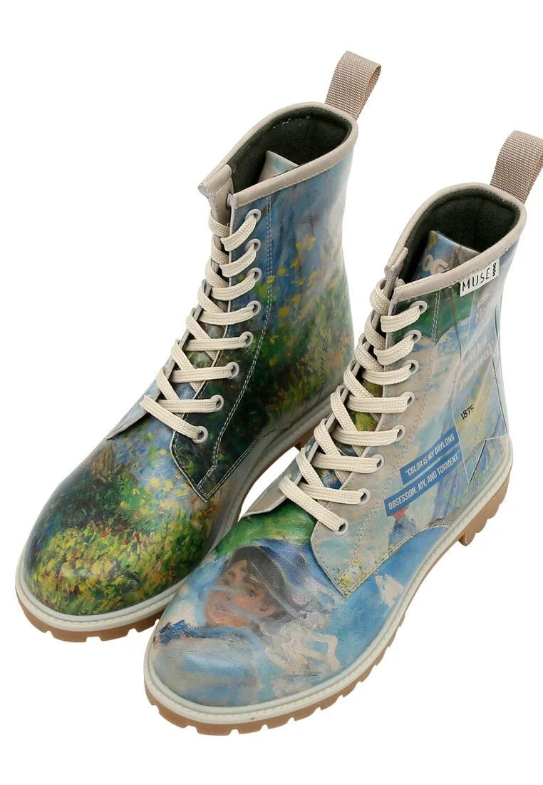 Femme Cuir Vegan Bleu Bottes Longues - Claude Monet Woman With a Parasol Muse Motif
