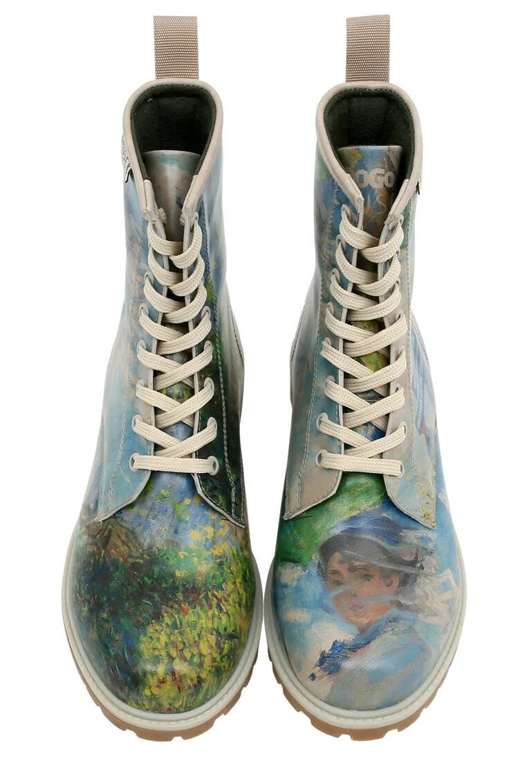 Femme Cuir Vegan Bleu Bottes Longues - Claude Monet Woman With a Parasol Muse Motif