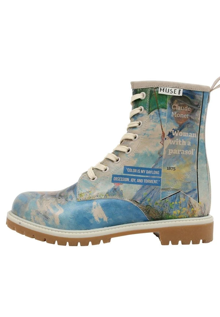 Femme Cuir Vegan Bleu Bottes Longues - Claude Monet Woman With a Parasol Muse Motif