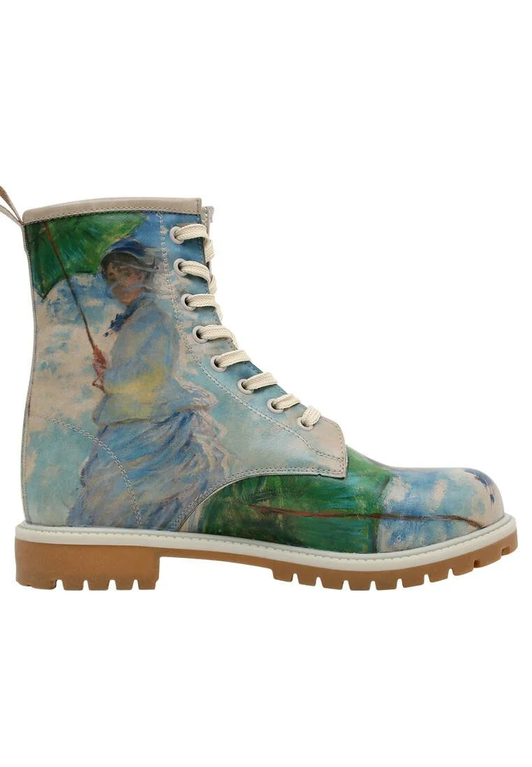 Femme Cuir Vegan Bleu Bottes Longues - Claude Monet Woman With a Parasol Muse Motif