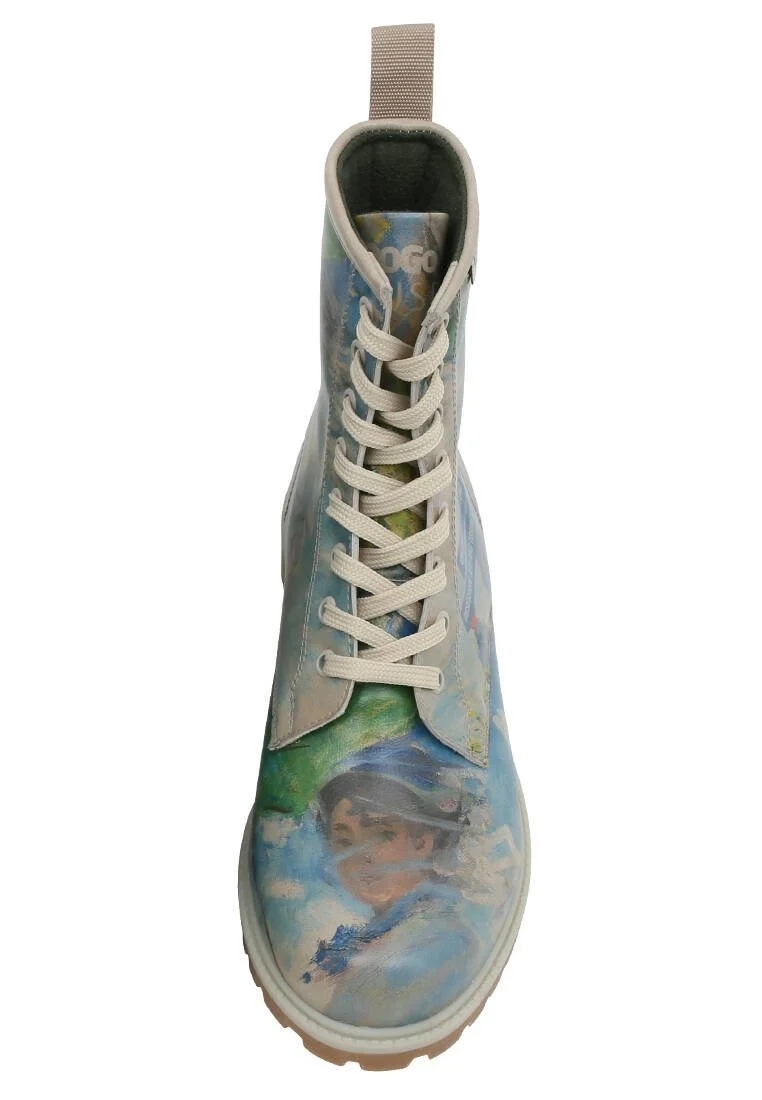 Femme Cuir Vegan Bleu Bottes Longues - Claude Monet Woman With a Parasol Muse Motif