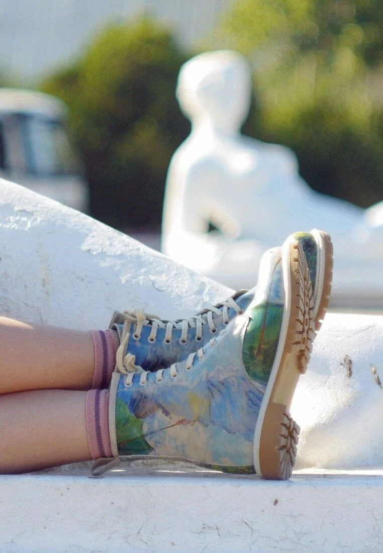Femme Cuir Vegan Bleu Bottes Longues - Claude Monet Woman With a Parasol Muse Motif