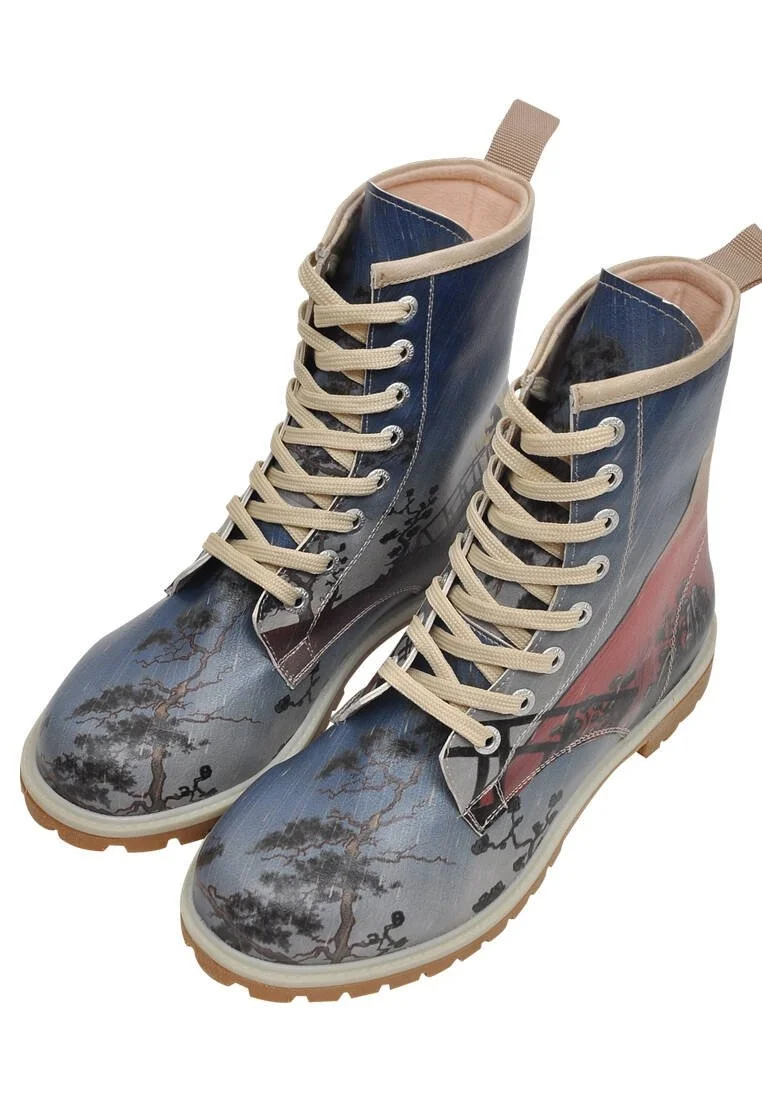 Femme Cuir Vegan Bleu Bottes Longues - Fuji Bridge Motif