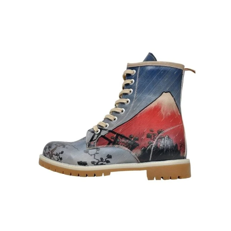 Femme Cuir Vegan Bleu Bottes Longues - Fuji Bridge Motif