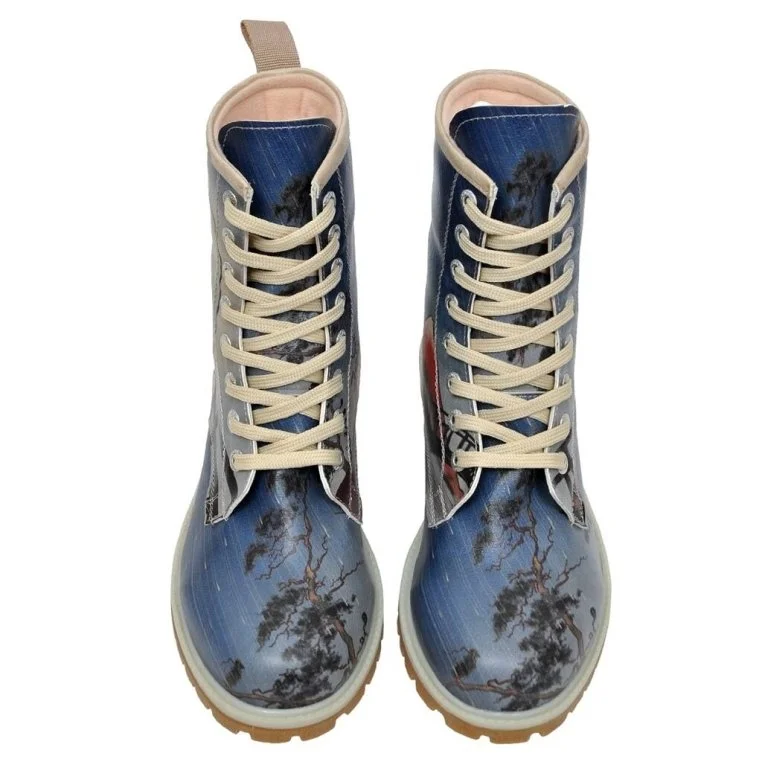 Femme Cuir Vegan Bleu Bottes Longues - Fuji Bridge Motif