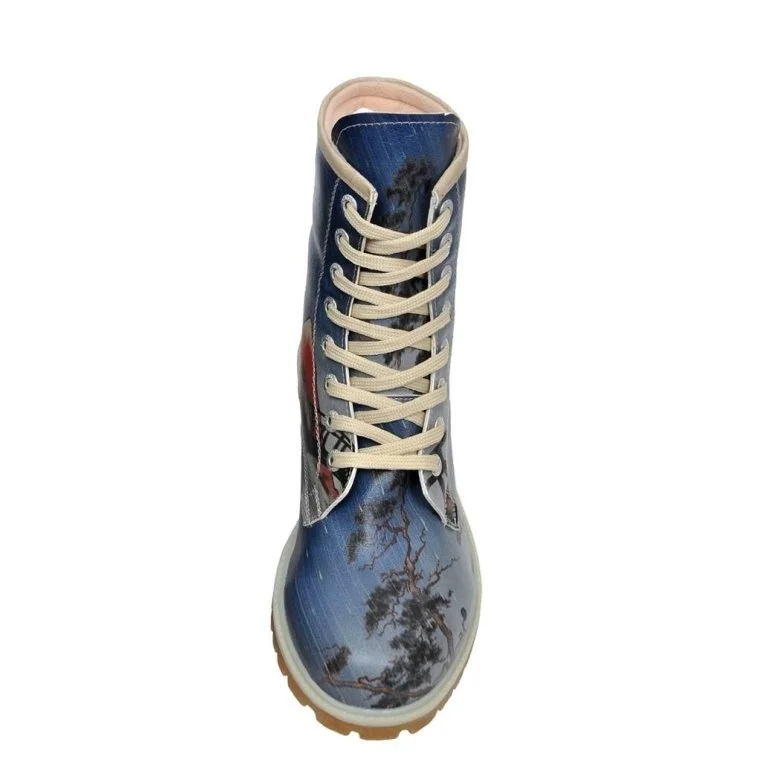 Femme Cuir Vegan Bleu Bottes Longues - Fuji Bridge Motif