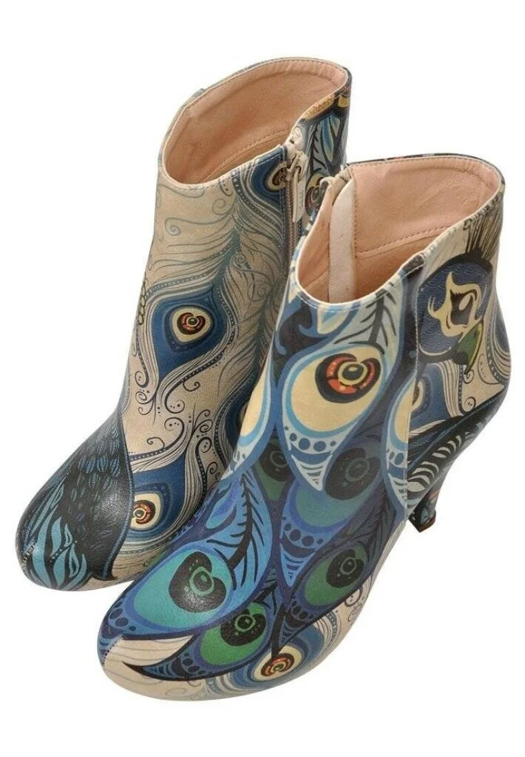 Femme Cuir Vegan Bleu Bottillon - Peafowl Motif