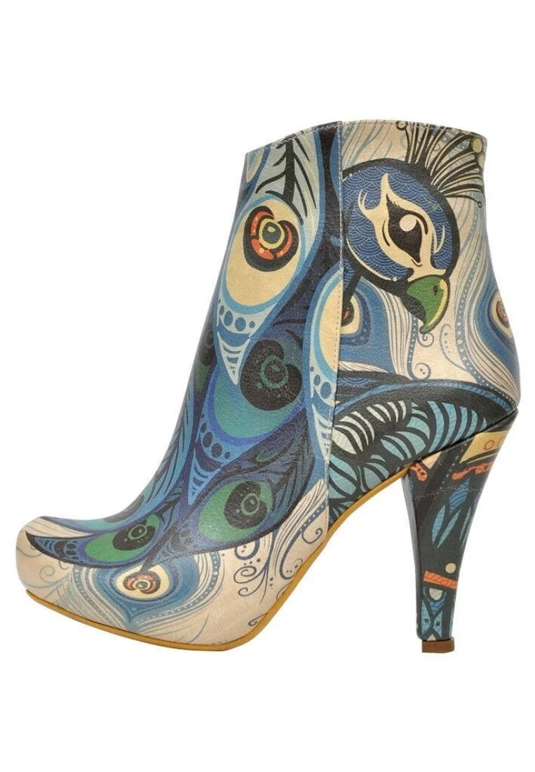 Femme Cuir Vegan Bleu Bottillon - Peafowl Motif