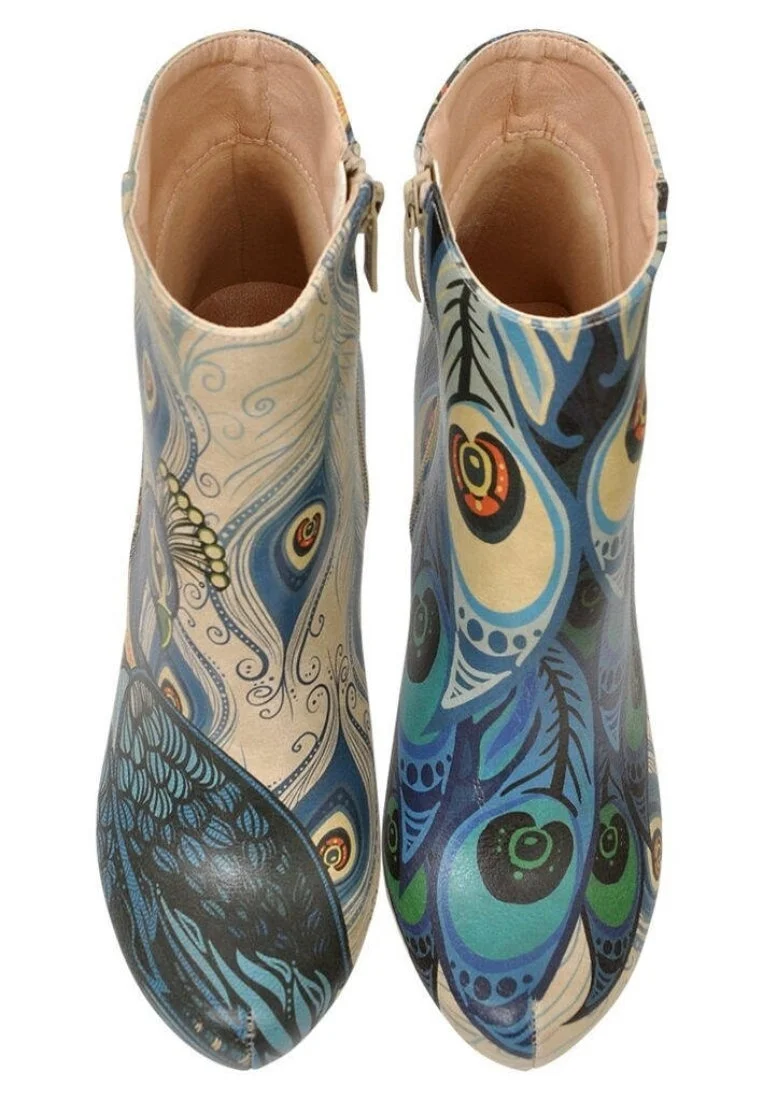 Femme Cuir Vegan Bleu Bottillon - Peafowl Motif