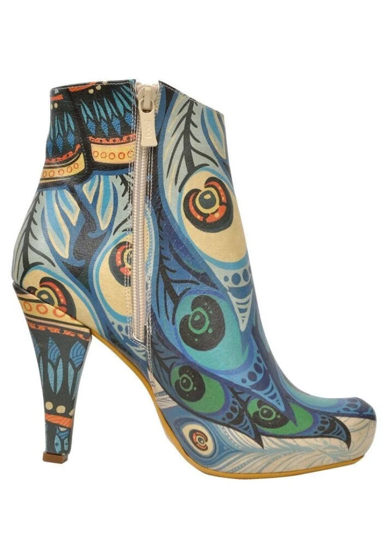 Femme Cuir Vegan Bleu Bottillon - Peafowl Motif