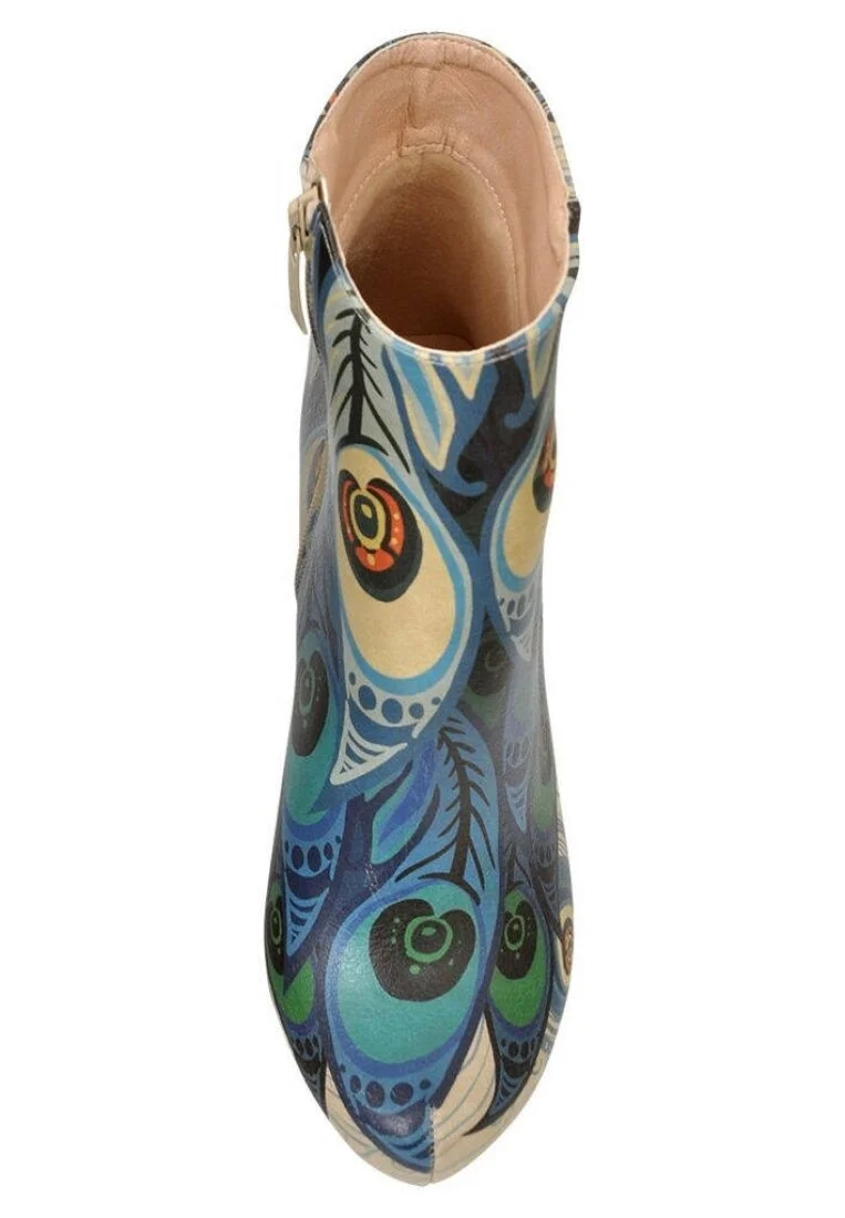 Femme Cuir Vegan Bleu Bottillon - Peafowl Motif