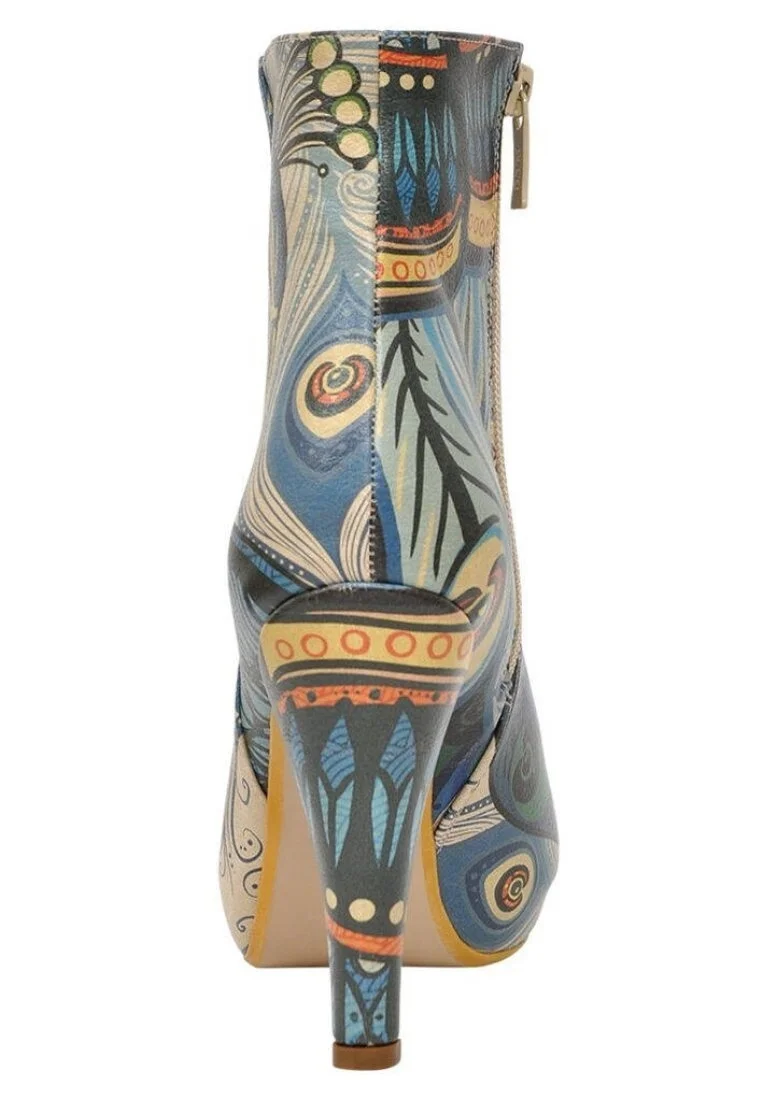 Femme Cuir Vegan Bleu Bottillon - Peafowl Motif