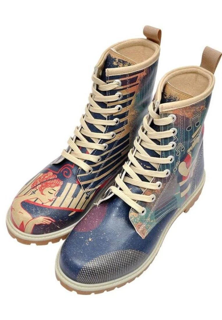 Femme Cuir Vegan Bleu Foncé Bottes Longues - Play it Again Motif