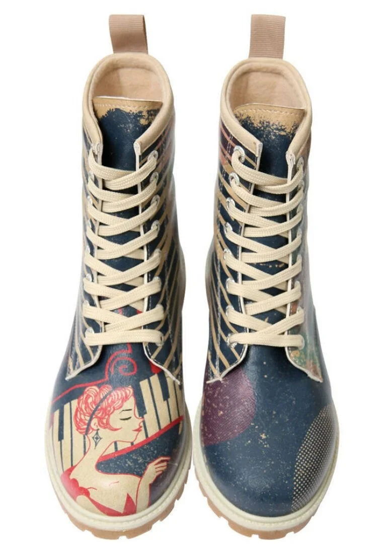 Femme Cuir Vegan Bleu Foncé Bottes Longues - Play it Again Motif