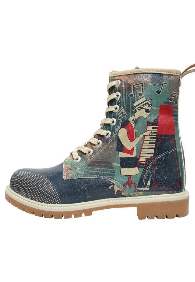 Femme Cuir Vegan Bleu Foncé Bottes Longues - Play it Again Motif
