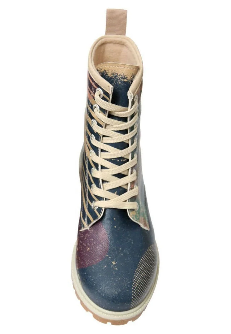 Femme Cuir Vegan Bleu Foncé Bottes Longues - Play it Again Motif