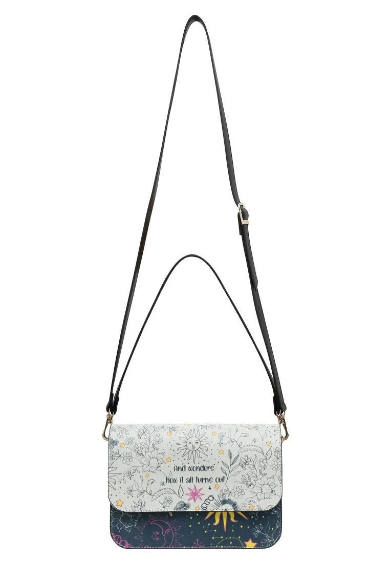 Femme Cuir Vegan Bleu Foncé Sac à Main - And Wonders How It All Turns Out Motif