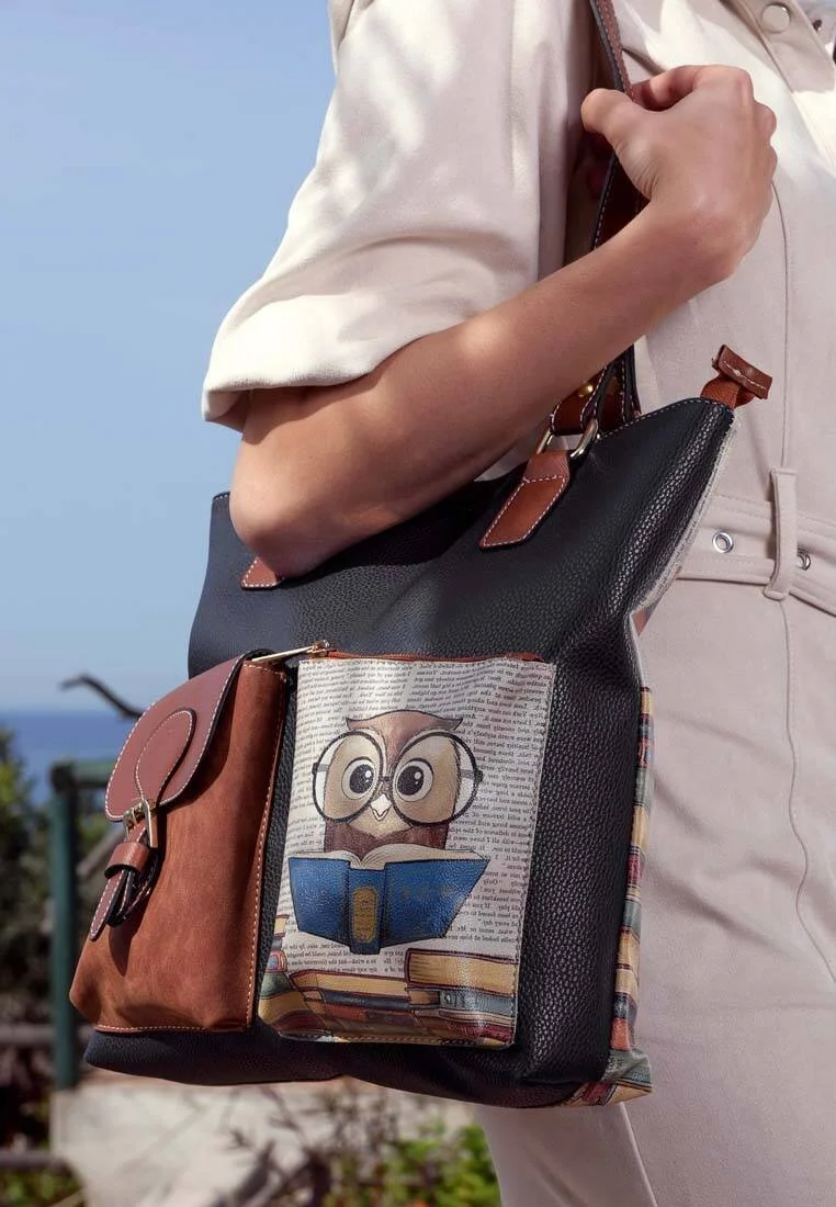 Femme Cuir Vegan Bleu Foncé Sac d'épaule - The Wise Owl Motif