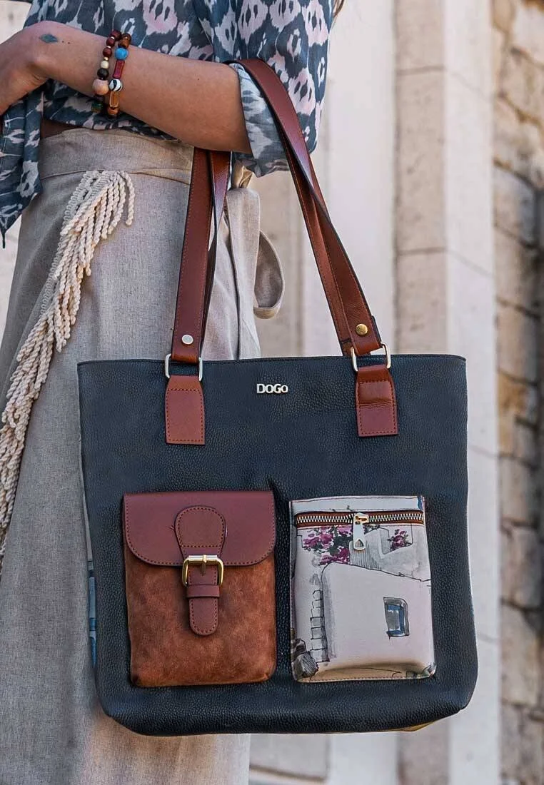 Femme Cuir Vegan Bleu Foncé Sac d'épaule - Paperflower Motif