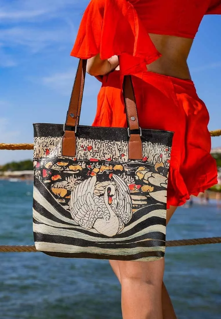 Femme Cuir Vegan Bleu Fonce Sac d'épaule - The Swan Softly Sleeps Motif