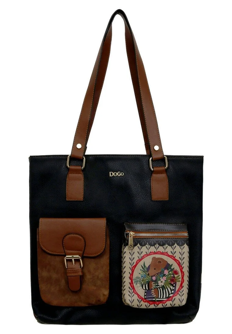Femme Cuir Vegan Bleu Foncé Sac d'épaule - Bear and Flowers Motif