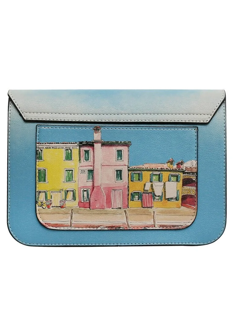 Femme Cuir Vegan Bleu Sac à Main - Burano Island Motif