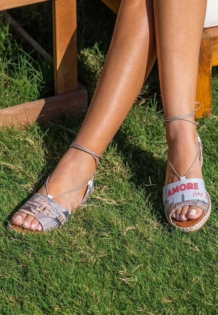 Femme Cuir Vegan Bleu Sandales à Lacets - That's Amore from Italy Motif