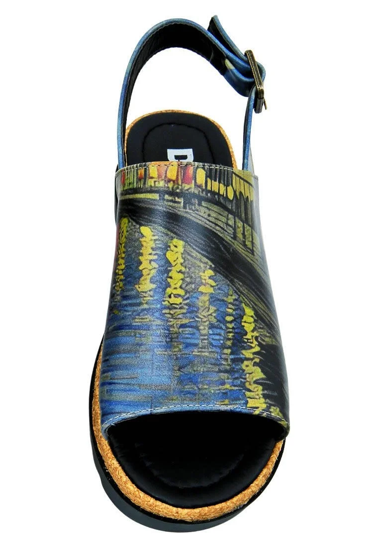 Femme Cuir Vegan Bleu Sandales Compensées - Sea Sparkles Motif