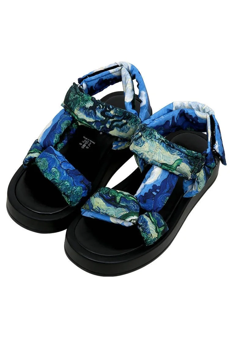 Femme Cuir Vegan Bleu Sandales Compensées - Vincent van Gogh The Olive Trees Motif