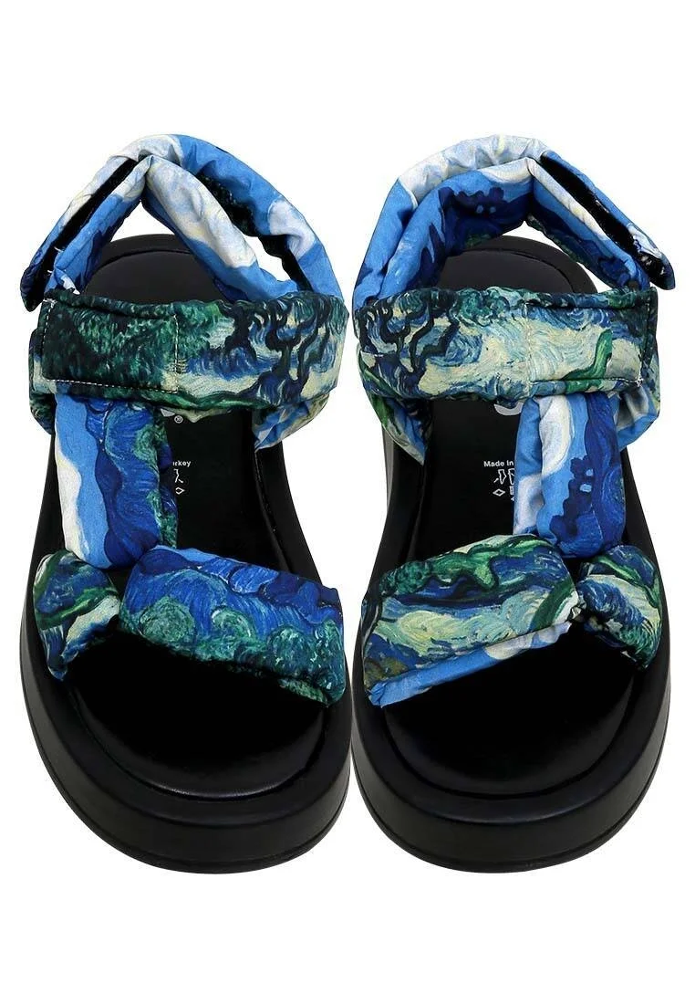 Femme Cuir Vegan Bleu Sandales Compensées - Vincent van Gogh The Olive Trees Motif
