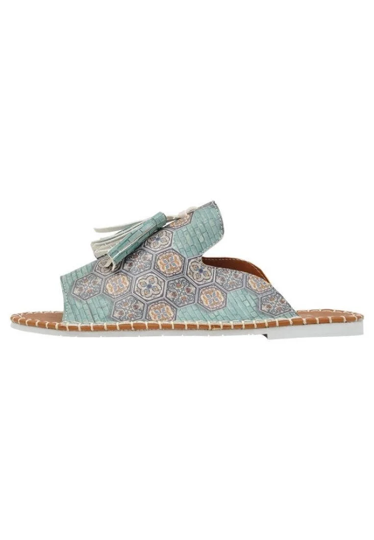 Femme Cuir Vegan Bleu Sandales - Ethnic Faience Motif