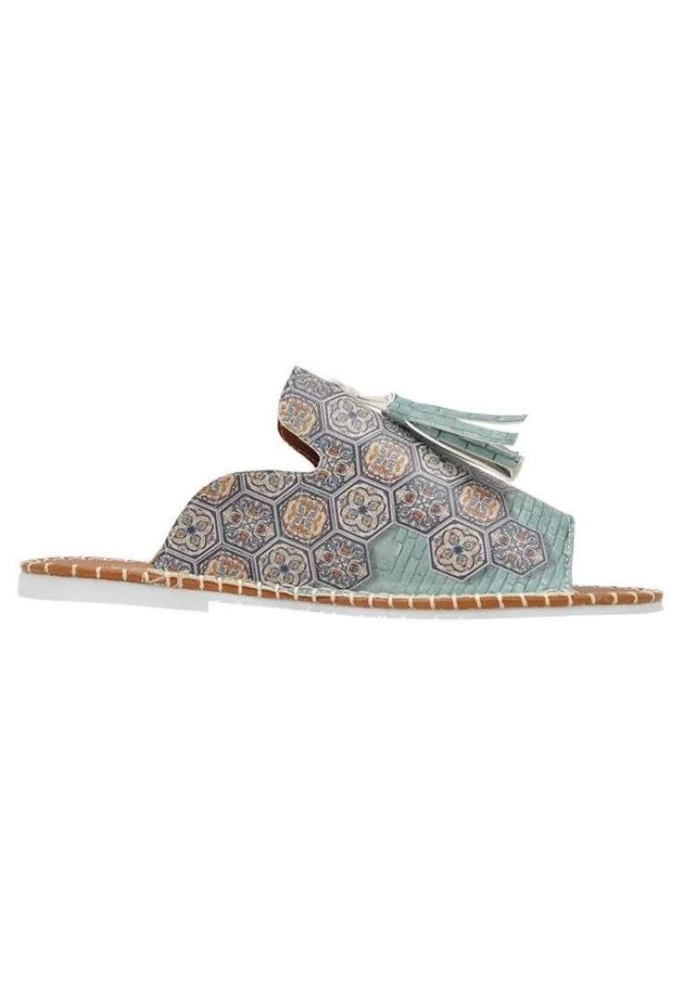 Femme Cuir Vegan Bleu Sandales - Ethnic Faience Motif