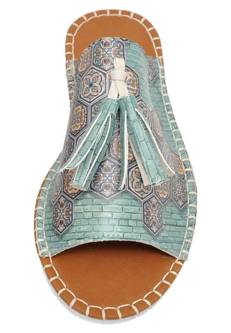 Femme Cuir Vegan Bleu Sandales - Ethnic Faience Motif