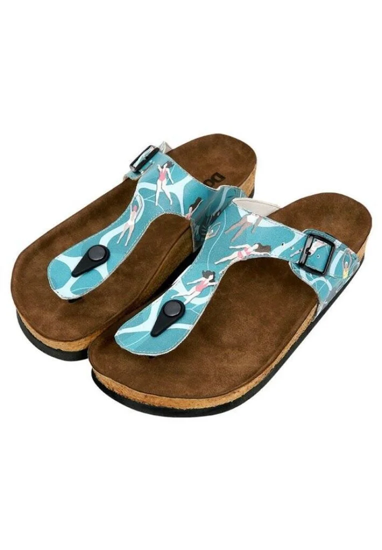 Femme Cuir Vegan Bleu Sandales - Let's Swim Motif