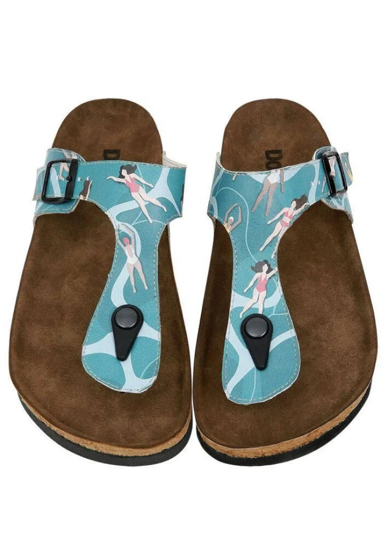 Femme Cuir Vegan Bleu Sandales - Let's Swim Motif
