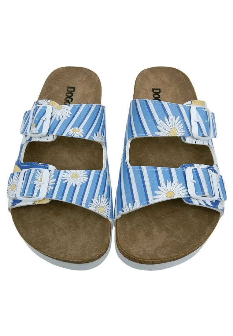 Femme Cuir Vegan Bleu Sandales - Daisy Stripes Motif