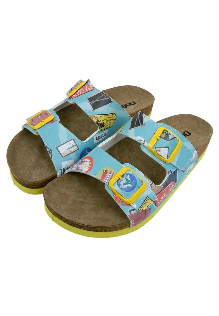 Femme Cuir Vegan Bleu Sandales - Let's Fly Motif